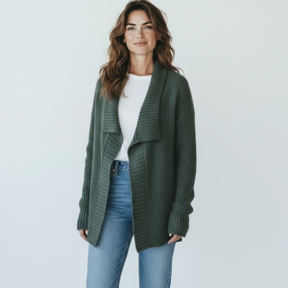 White + Warren Sweaters - Chunky Green Cardigan Warm Cozy Spruce Green Open Front Waterfall Sweater Sz M/L